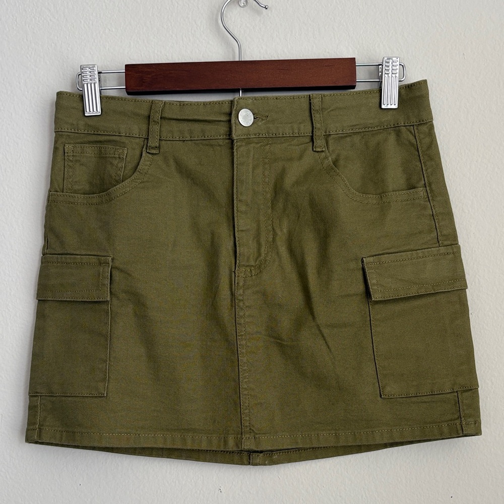 Art Class Cargo Mini Skirt Army Green Cotton Stretchy Zip Fly Unlined Size XL